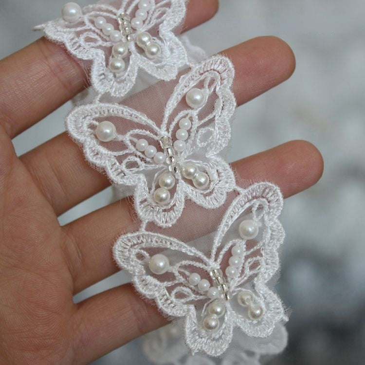 3D Beaded White Lace Trim Fabric BT0015-Lace Fabric Shop
