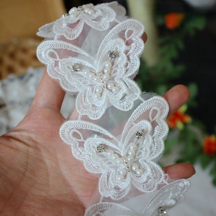 3D Beaded White Lace Trim Fabric BT0015-Lace Fabric Shop