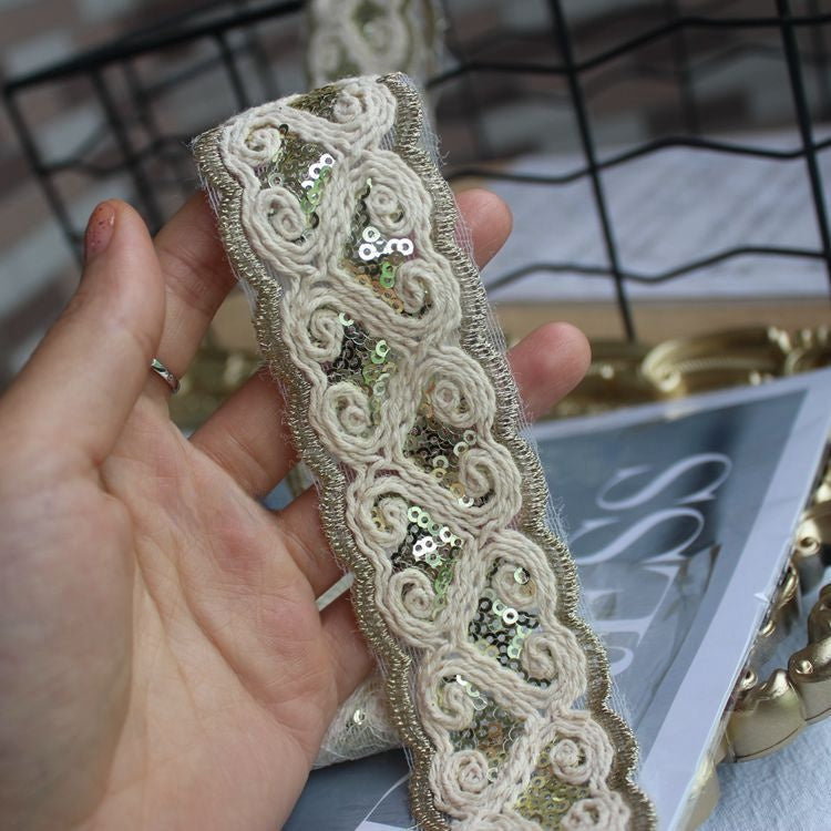 Gold Embroidery Sequin Beaded Lace Trim BT0075-Lace Fabric Shop