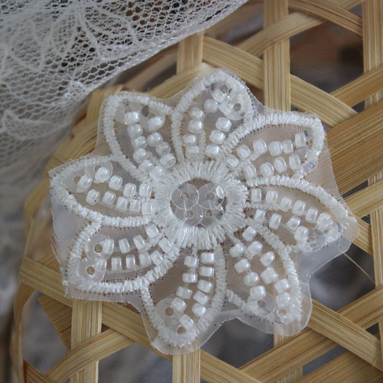 White Black Lace Beaded Trim Single Floral BT0123-Lace Fabric Shop