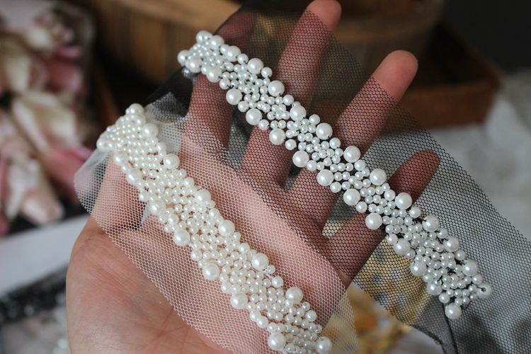 Pearl Beaded Mesh Tulle Lace Trim Material BT0101-Lace Fabric Shop