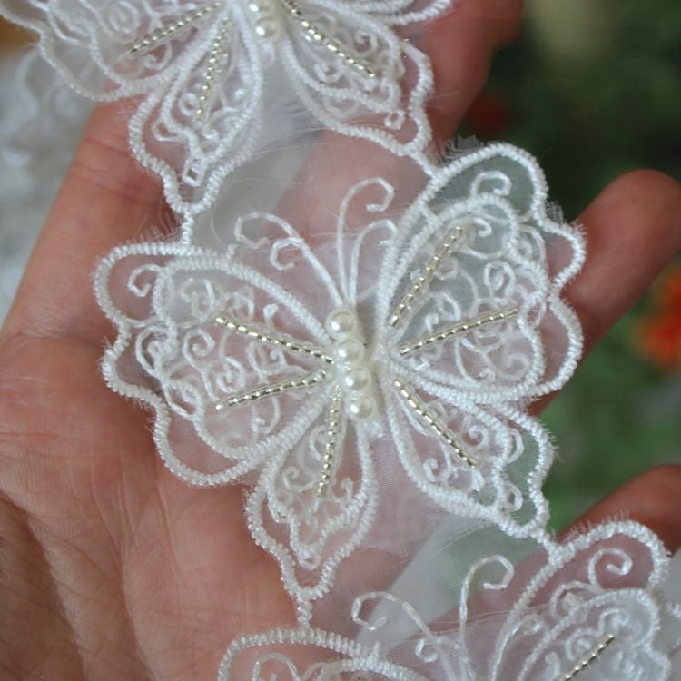 3D Beaded White Lace Trim Fabric BT0015-Lace Fabric Shop