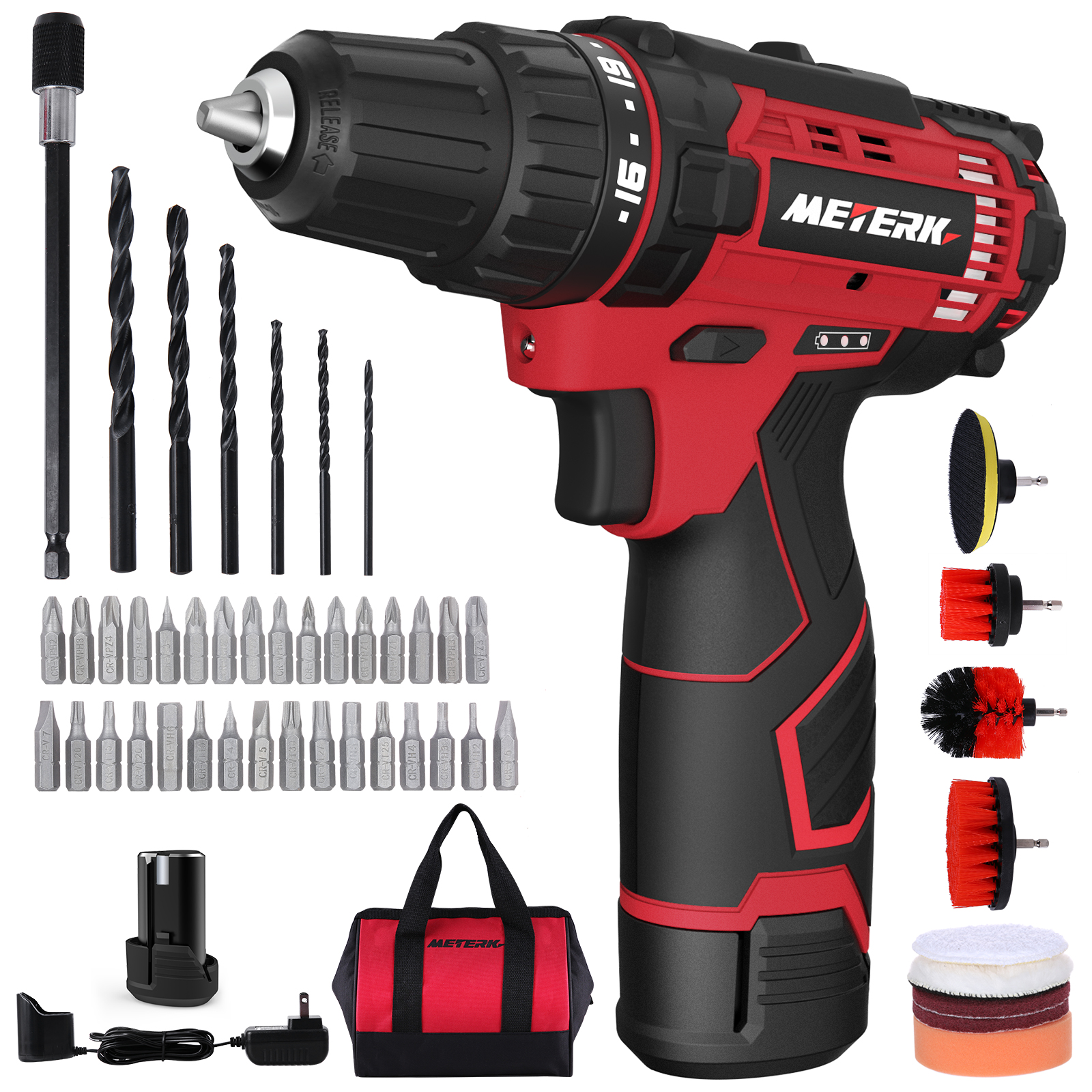 Meterk®Cordless Drill  12V Power Driver Kit 50PCS Electric Drill Brushes Set 18+1 Clutch Screw Driver with LED