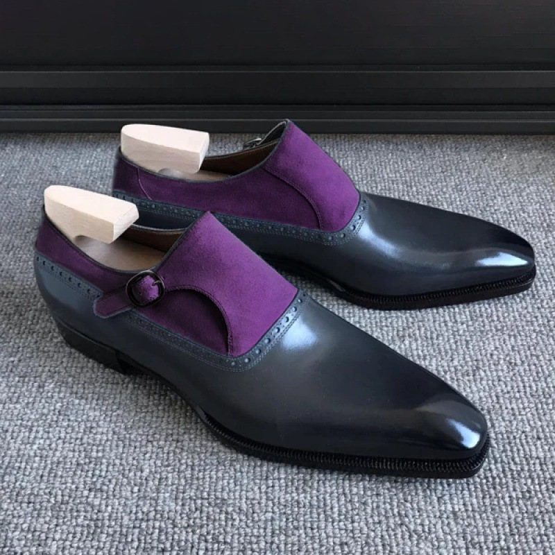Side Buckle Purple Suede Monk Shoes