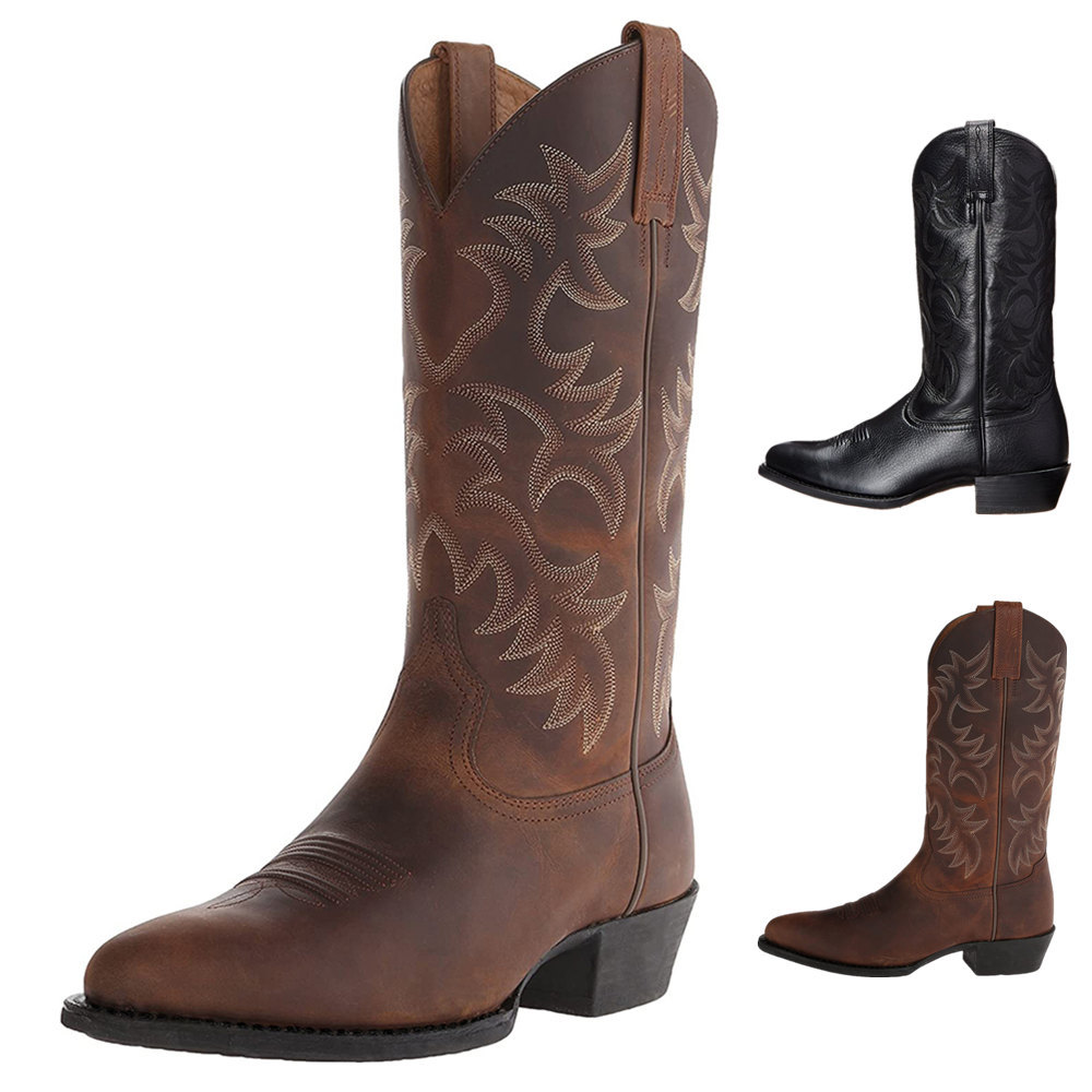 Embroidered high heel mid boots western cowboy boots