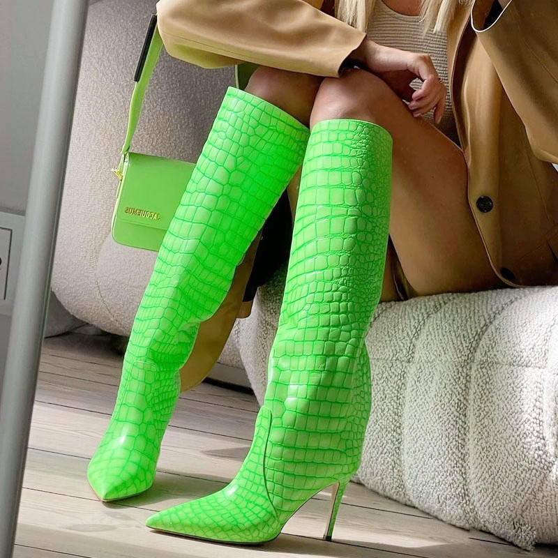 Snake-print catwalk plus size neon green knee-high boots