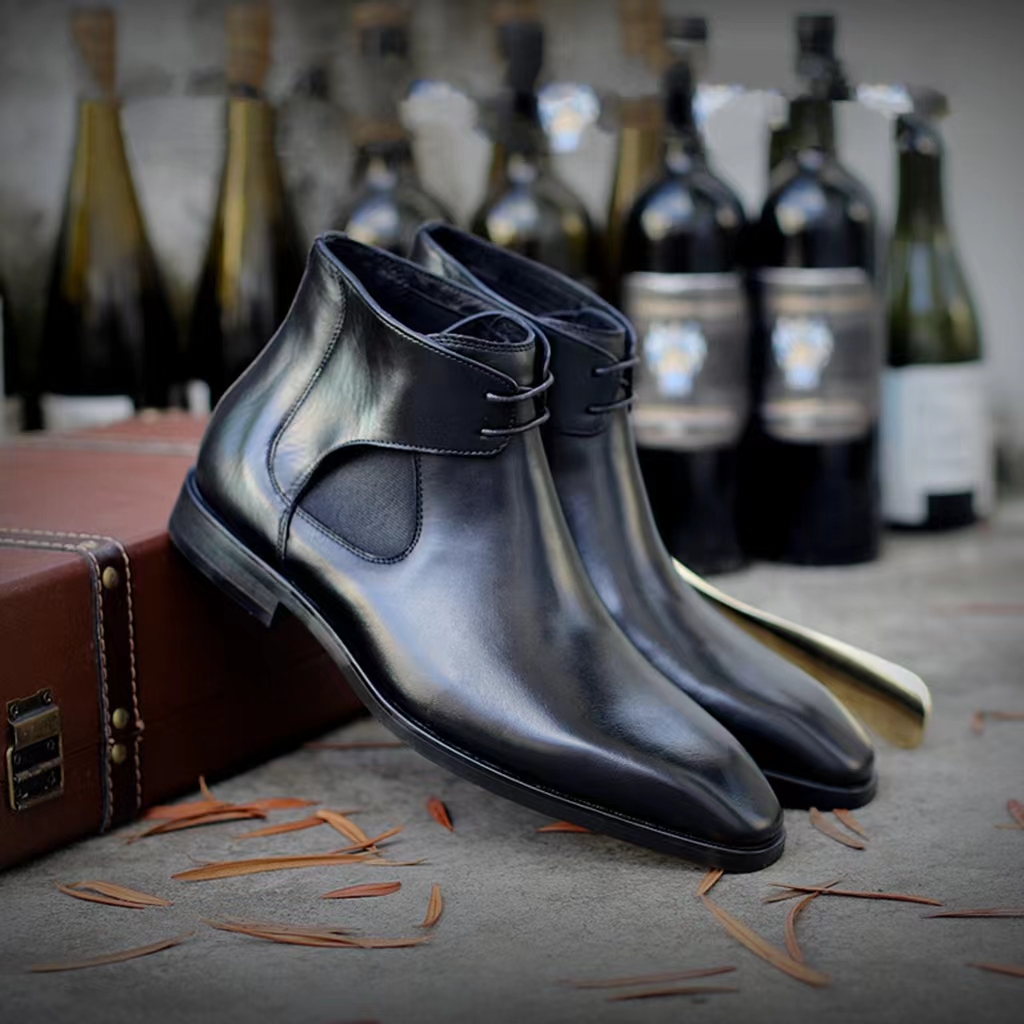 Carved Leather Pointed Toe Chelsea Boots