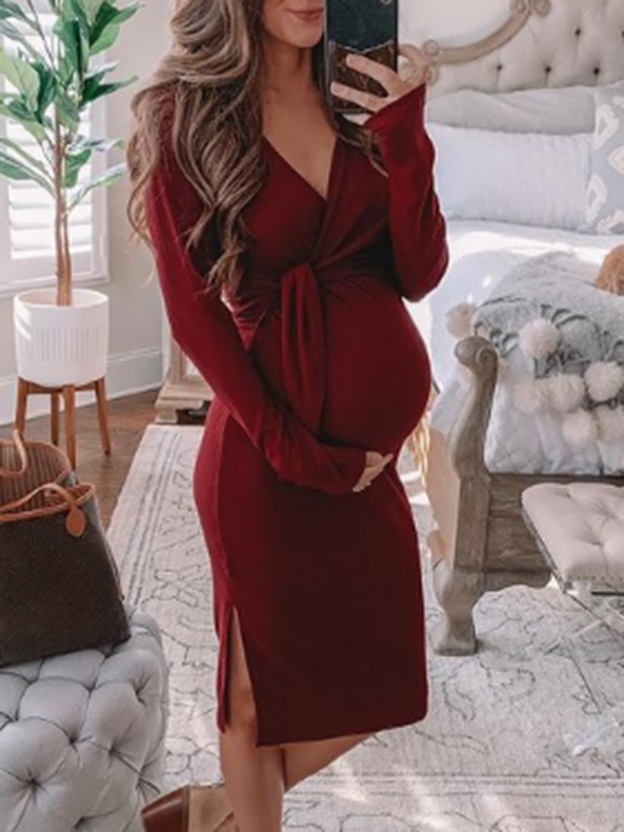 Maternity Fashion Long Sleeve Lace V-neck Slim Dress