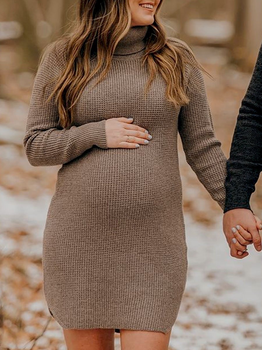 Maternity Wear Comfortable Fashion Casual High Neck Knitted Dress