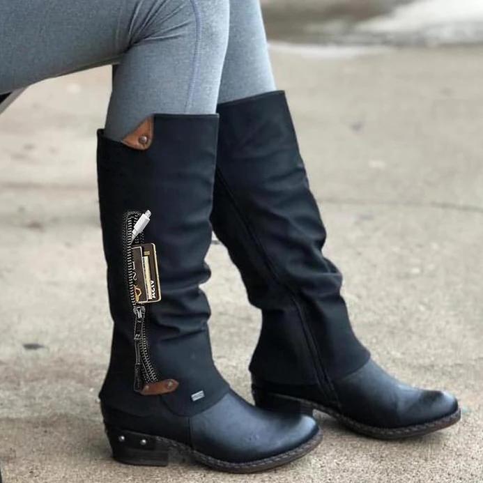 women's mid calf credit card money wallet pocket boots