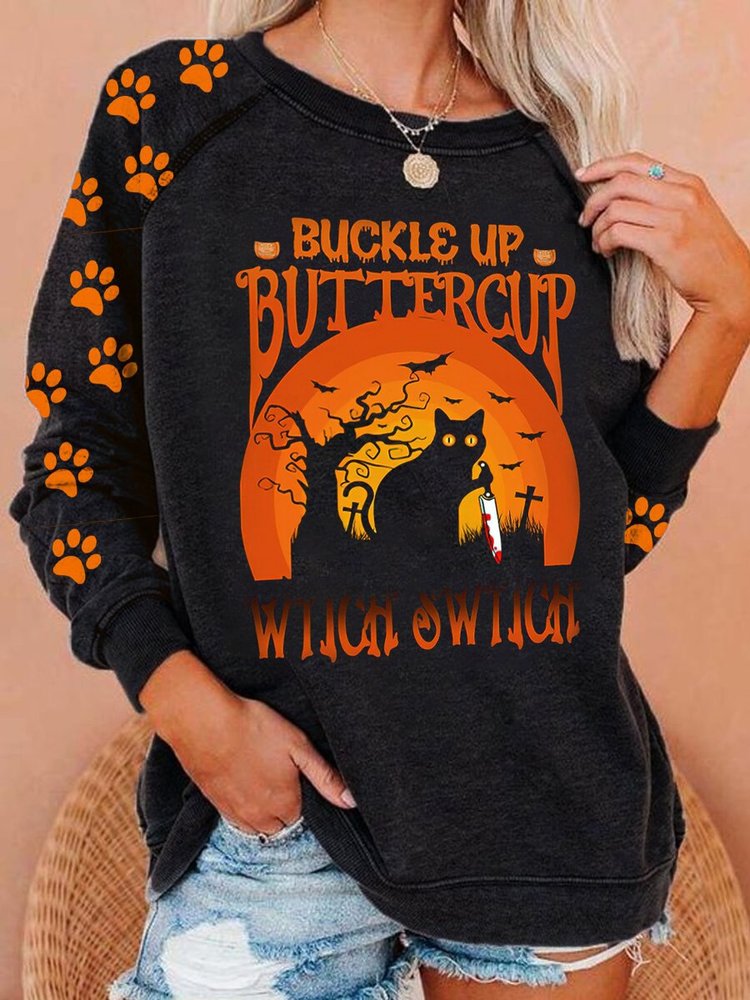Halloween Black Cat Print Crew Neck Sweatshirt