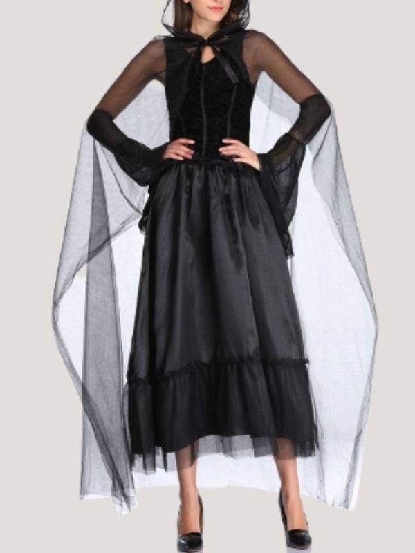 Halloween Party Witch Lace Black Solid Color Dresses Mesh Robe Suits
