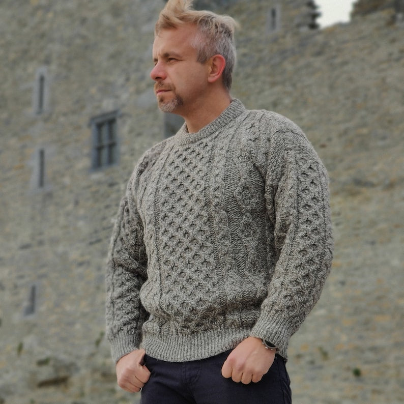 Traditional Aran Sweater - 100% pure new wool - oatmeal - chunky&heavy