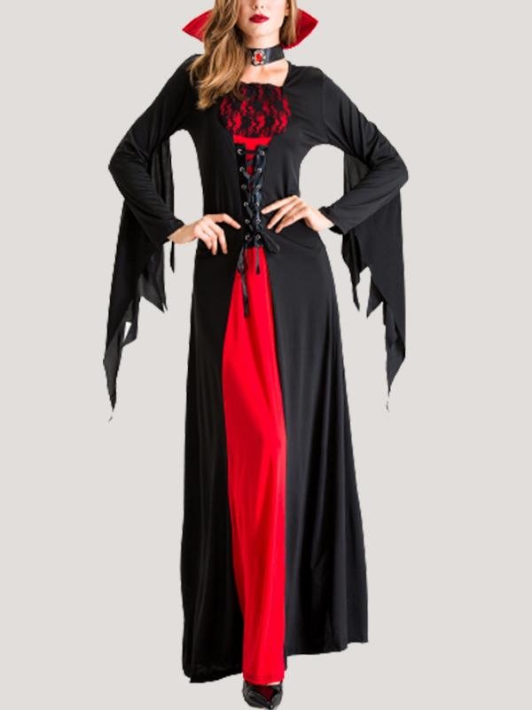 Flared Sleeves Lace-up Halloween Party Square Neck Long Sleeve Woven Dresses