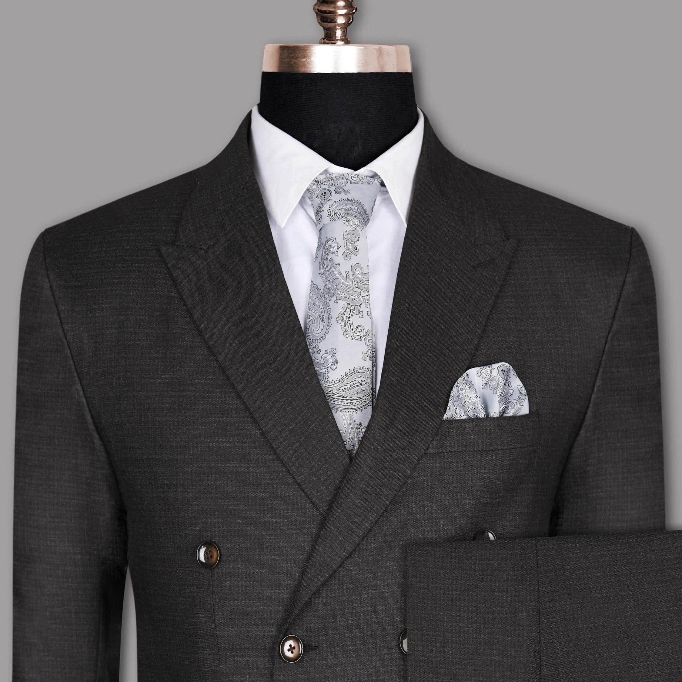 Charcoal Subtle Slubbed Wool Rich Double Breasted Suit