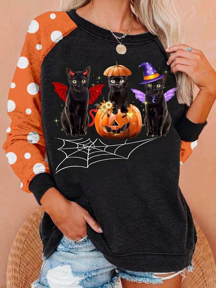 Halloween Casual Cat Pumpkin Print Sweatshirt