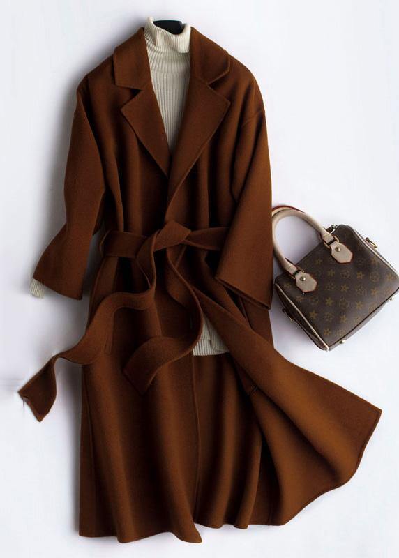 Luxury Oversize Trench Coat  Coat Brown Notched Tie Waist Woolen Coat Women