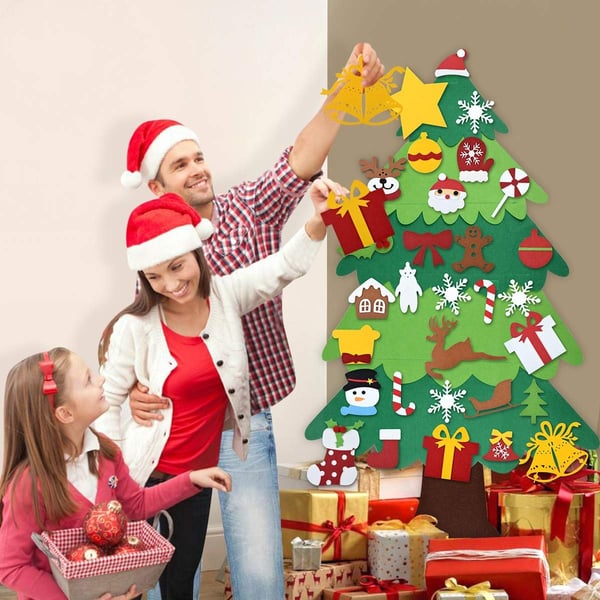 🧒🎄 Juego de árbol de Navidad de fieltro con 32 piezas de árbol de pared colgante y 35 luces LED de cadena