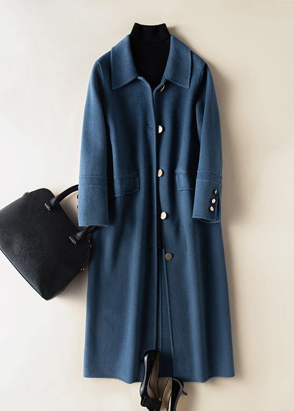 Bohemian lapel Button Down Fashion coat for woman blue Knee Woolen Coats