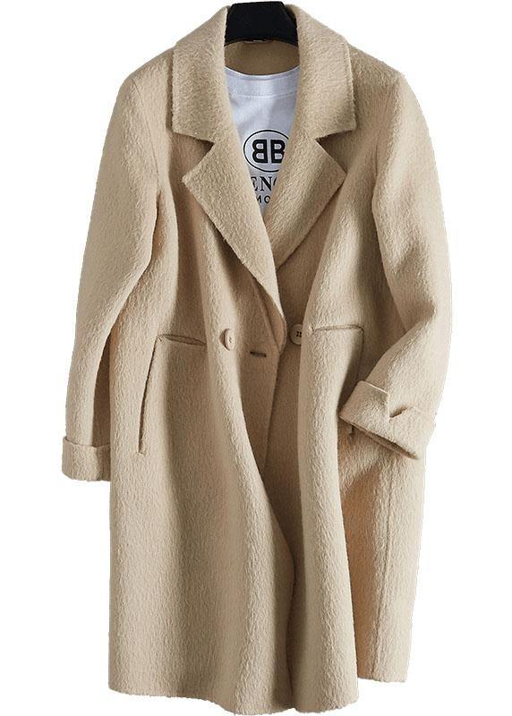 Luxury beige woolen outwear Loose fitting mid-length coats Notched jacket long sleeve