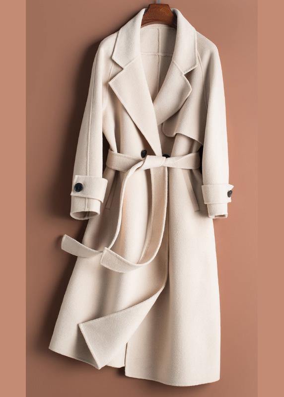 Organic beige Plus Size crane Woolen Coats Work Notched tie waist women Woolen Coats