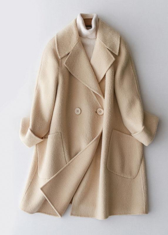 Elegant trendy plus size mid-length coats double breast jackets beige big pockets woolen coats
