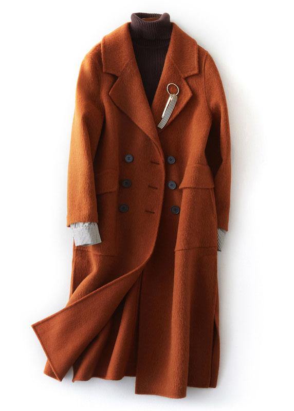 fine brown Woolen Coats plus size clothing maxi side open Notched coat