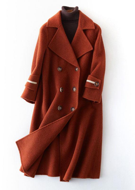 vintage chocolate Woolen Coats Women plus size long coat double breast woolen outwear Notched
