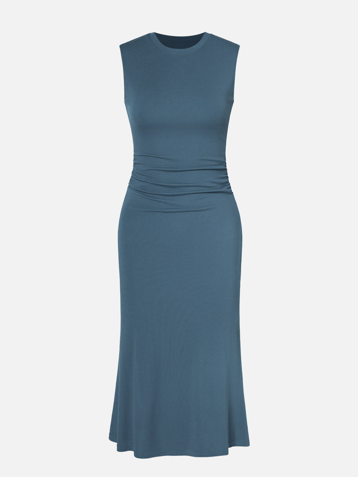 Ruched Side Wide Shoulder Crew Midi Dress