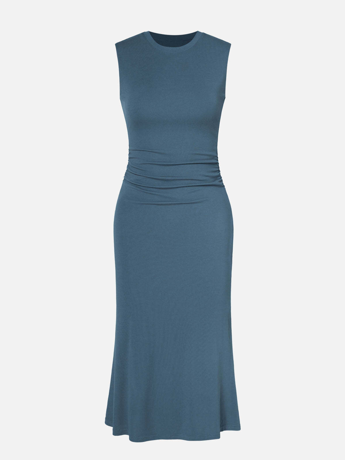 Ruched Side Wide Shoulder Crew Midi Dress