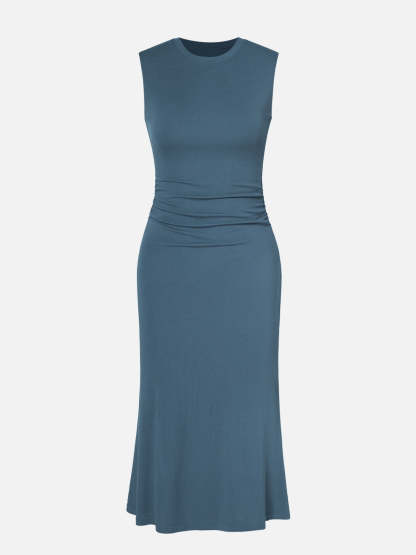 Ruched Side Wide Shoulder Crew Midi Dress