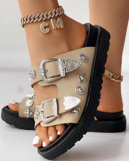 Double Strap Buckled Studded Peep Toe Slippers