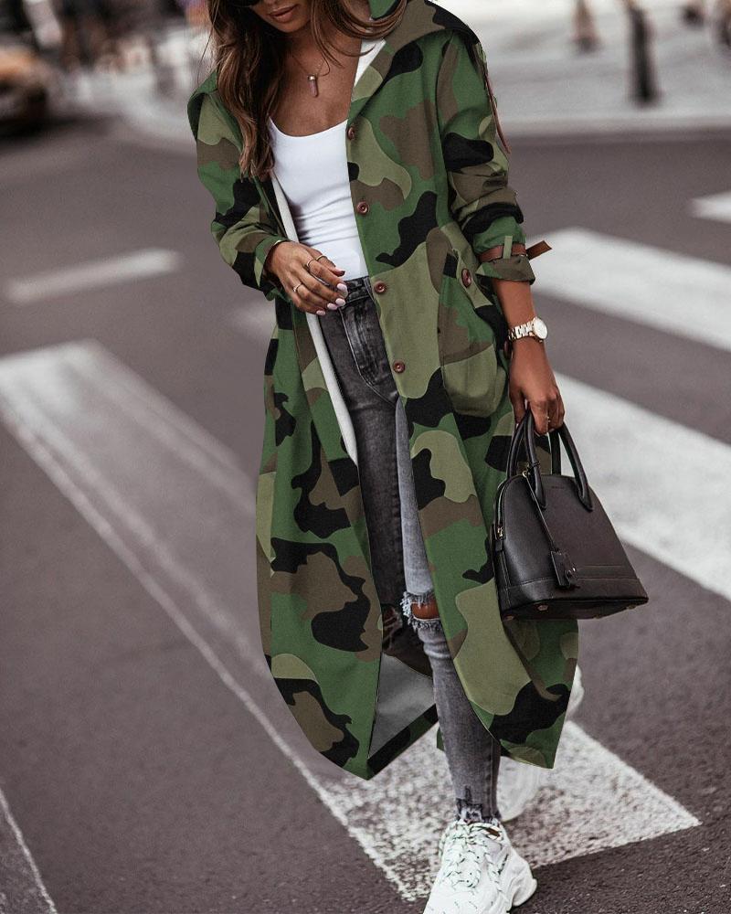 Camo Print Pocket Design Long Sleeve Trench Coat