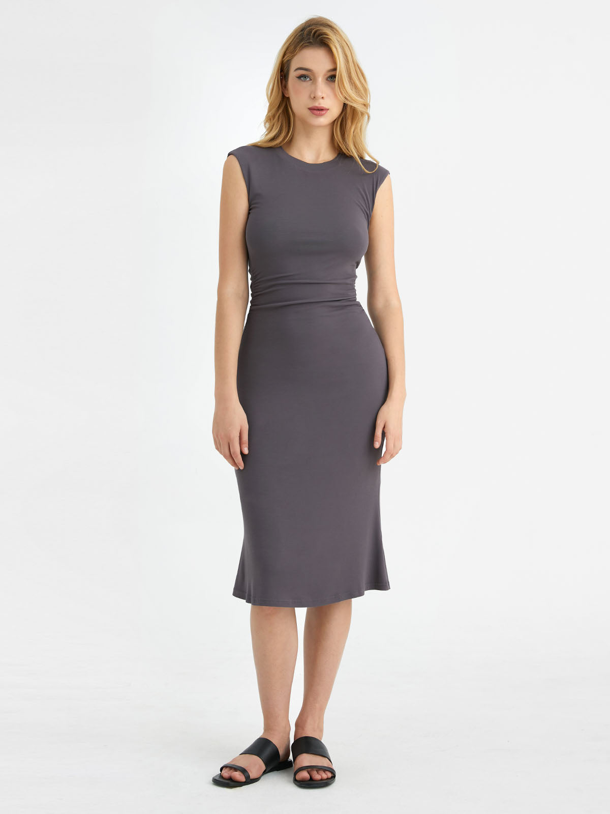 Ruched Side Wide Shoulder Crew Midi Dress
