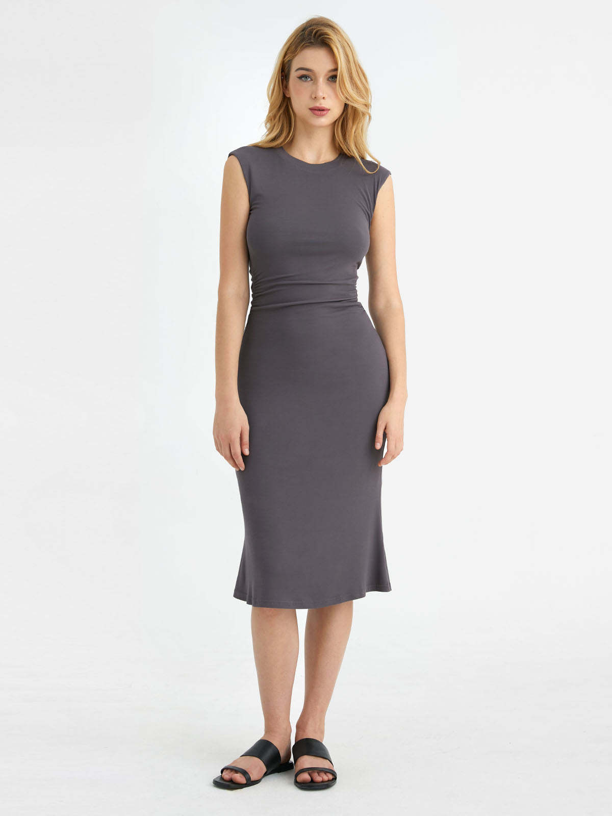 Ruched Side Wide Shoulder Crew Midi Dress