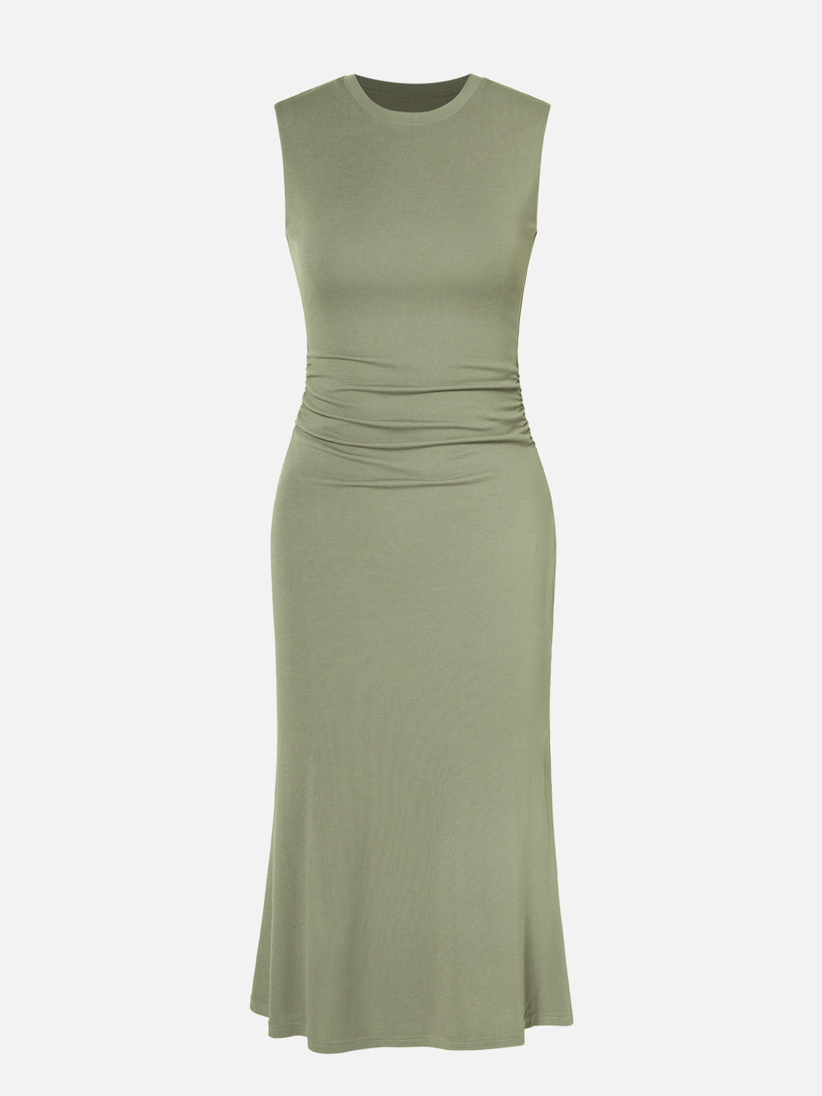 Ruched Side Wide Shoulder Crew Midi Dress