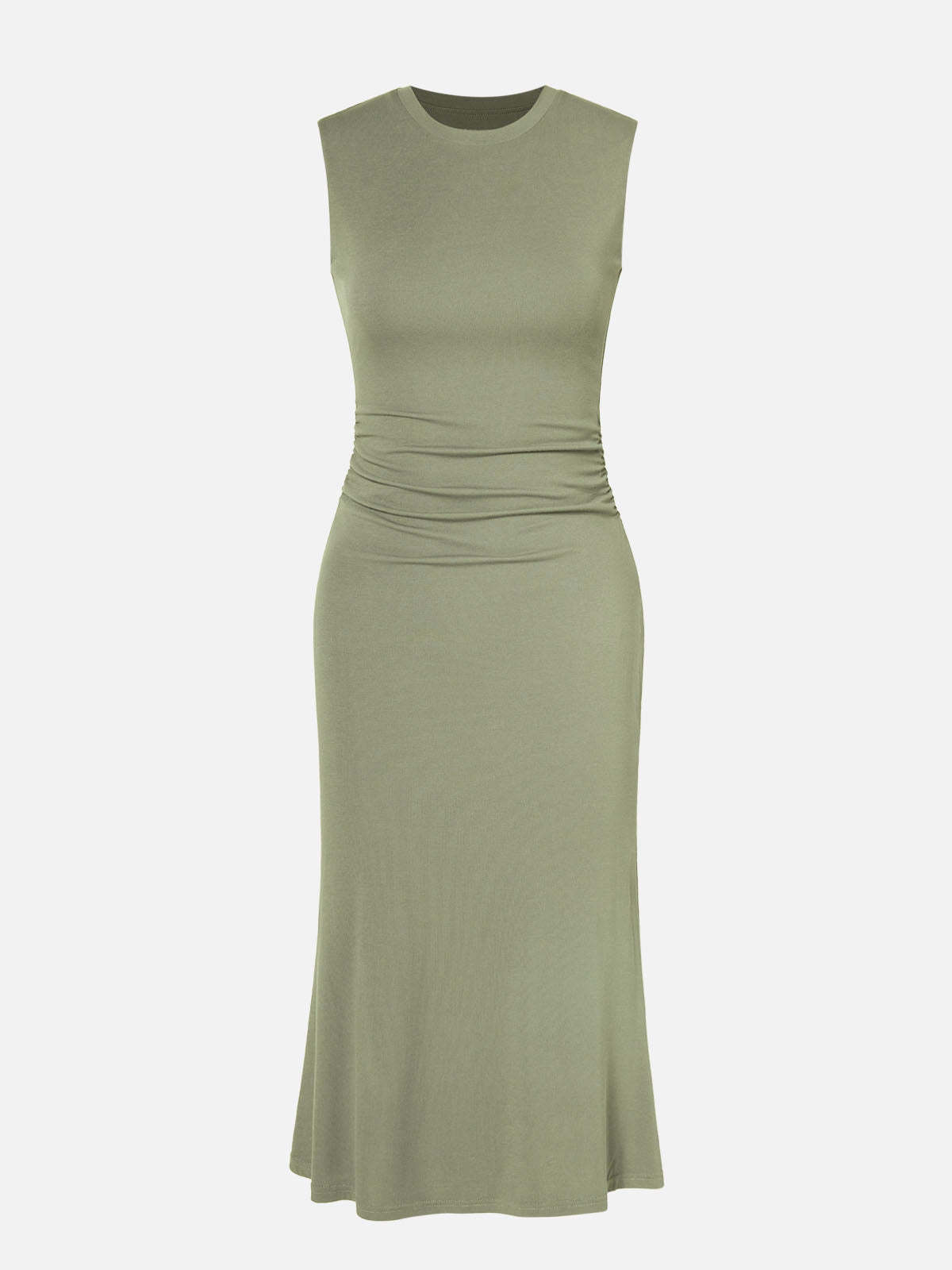 Ruched Side Wide Shoulder Crew Midi Dress