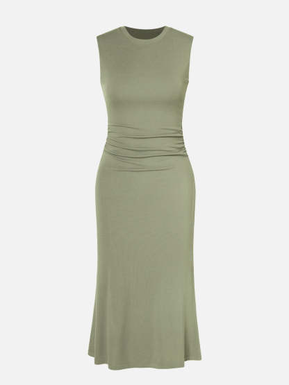 Ruched Side Wide Shoulder Crew Midi Dress