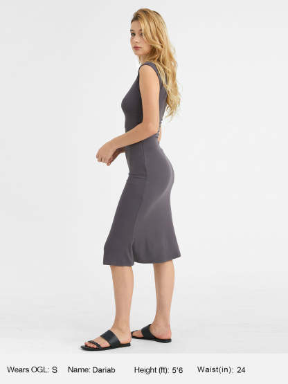 Ruched Side Wide Shoulder Crew Midi Dress