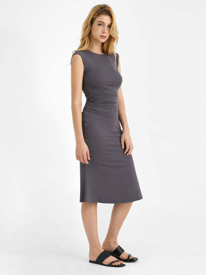 Ruched Side Wide Shoulder Crew Midi Dress