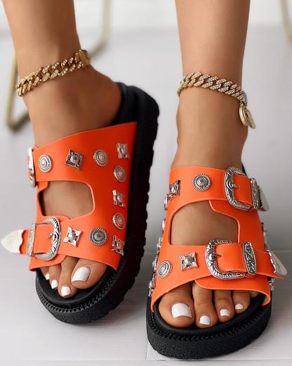 Double Strap Buckled Studded Peep Toe Slippers