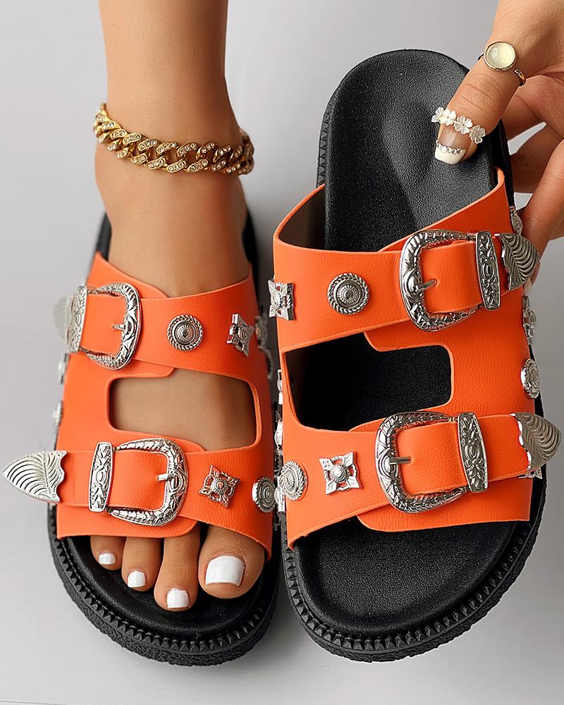 Double Strap Buckled Studded Peep Toe Slippers