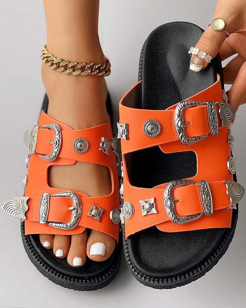 Double Strap Buckled Studded Peep Toe Slippers