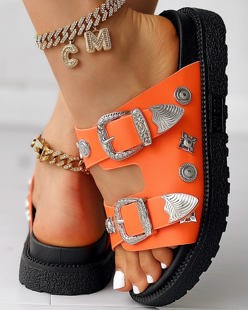 Double Strap Buckled Studded Peep Toe Slippers
