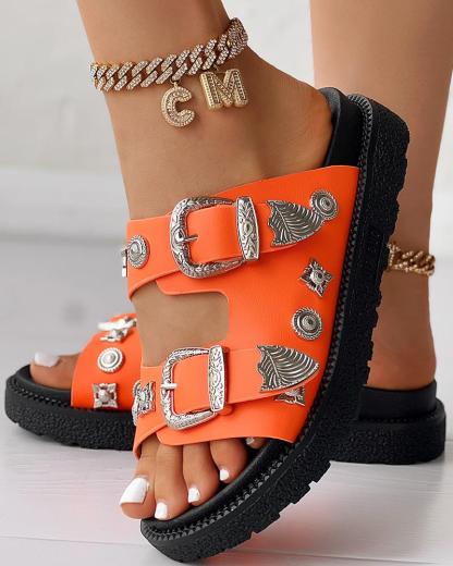 Double Strap Buckled Studded Peep Toe Slippers