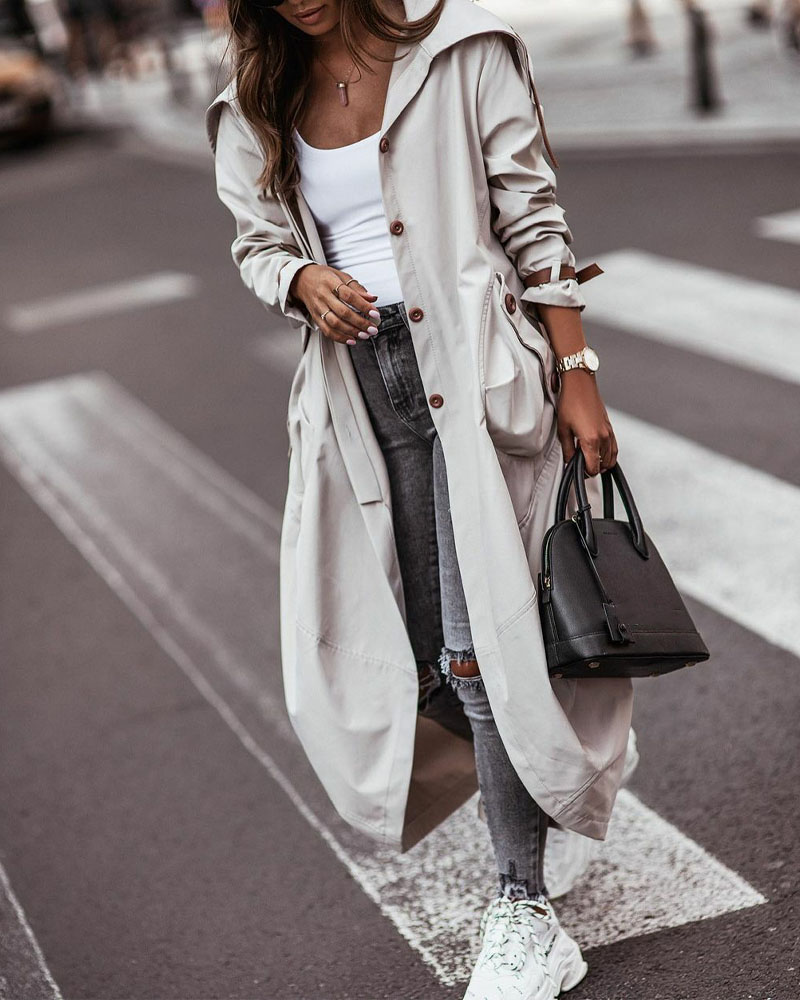 Camo Print Pocket Design Long Sleeve Trench Coat