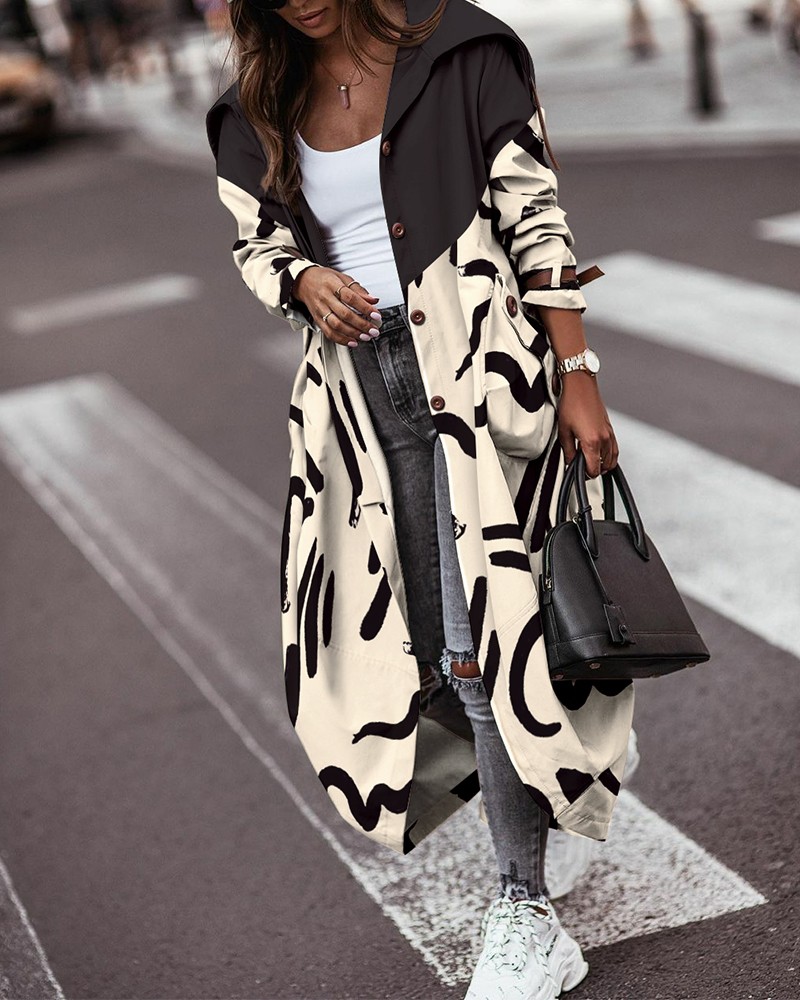 Camo Print Pocket Design Long Sleeve Trench Coat