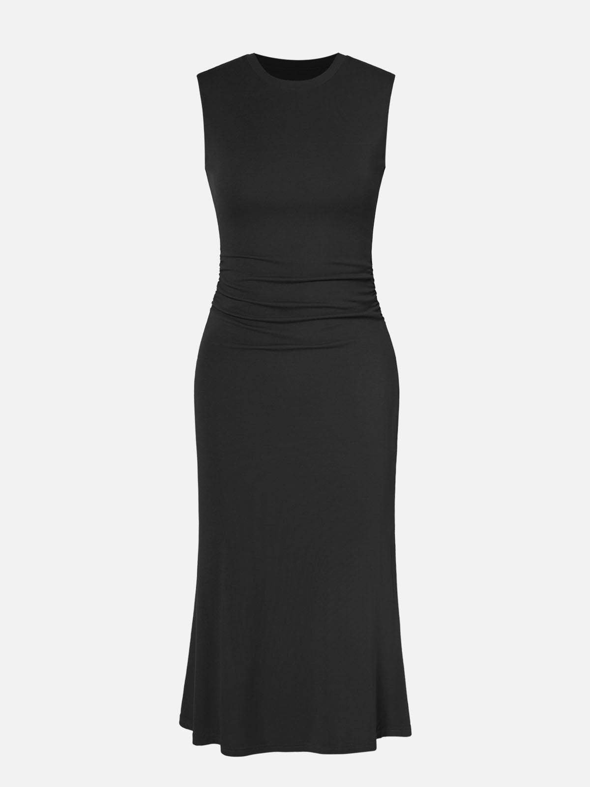 Ruched Side Wide Shoulder Crew Midi Dress