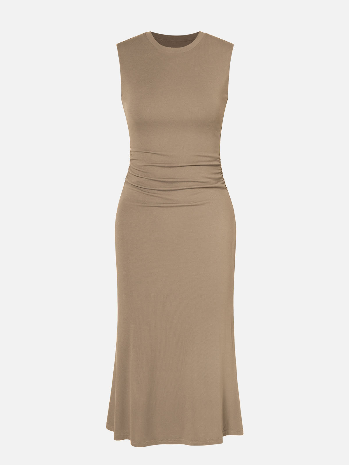 Ruched Side Wide Shoulder Crew Midi Dress