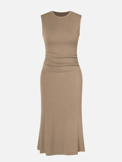 Ruched Side Wide Shoulder Crew Midi Dress